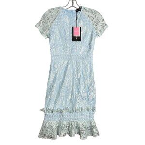 New Pretty Little Thing Dusty Blue Frill Hem Lace Bodycon‎ Dress Womens 2